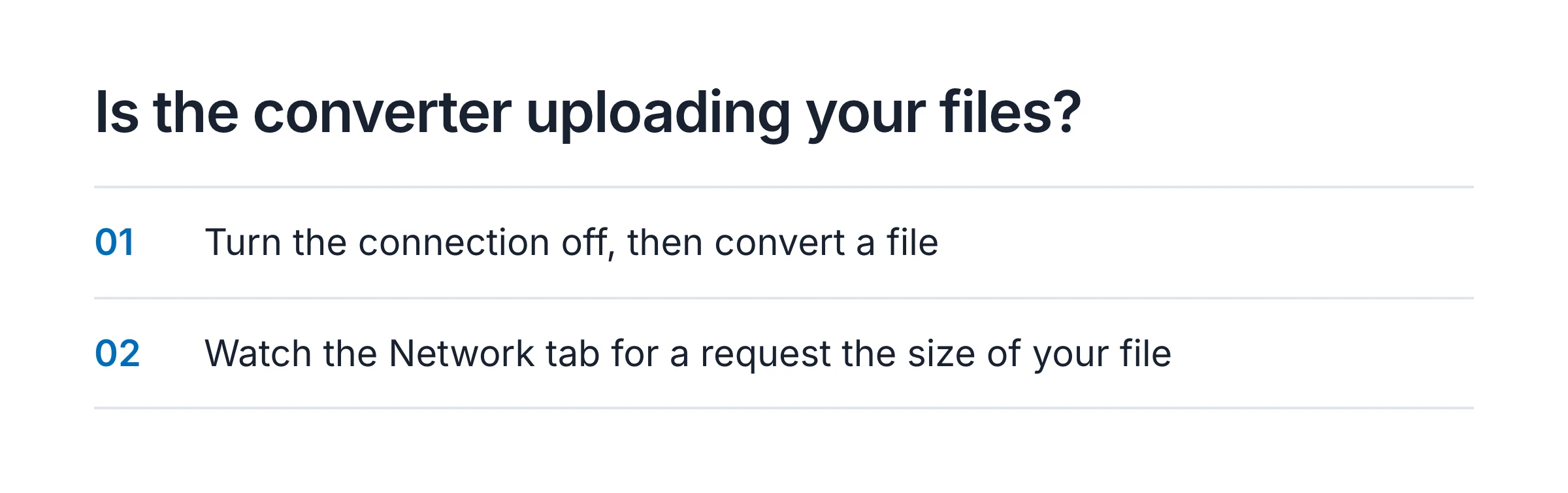 Checklist card: turn the connection off and convert a file; watch the Network tab for a request the size of your file